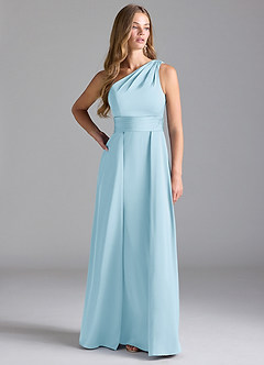 Azazie Dallas Vestidos de damas de honor Vestido de Azul Cielo de Satén Elástico de Corte en A con Hombro unilateral image3