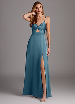 Azazie Jenna At-home Try On Dresses Bermuda A-Line Pleated Stretch Satin Dress image1