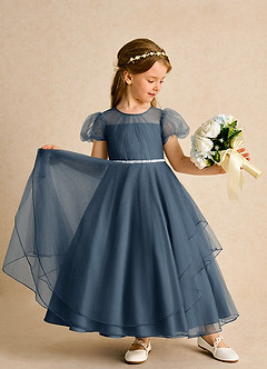 Azazie Duckie Abiti da Ragazza di Fiori Abito Principessa in Tulle Plissettato Blu Nettuno image3