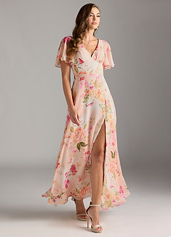 Azazie Kimber Bridesmaid Dresses Abstract Bouquet Floral A-Line Flounce Sleeve Chiffon Dress image4