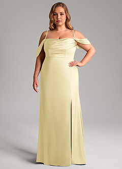 Azazie Saige Bridesmaid Dresses Lemon Sorbet Sheath Off the Shoulder Stretch Satin Dress image15