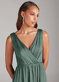 Azazie Tanicia Bridesmaid Dresses Sea Moss A-Line Pleated Stretch Satin Dress image2