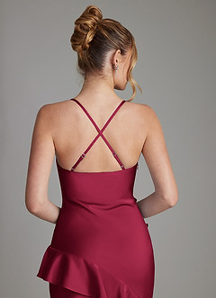 Azazie Jayda Bridesmaid Dresses Burgundy A-Line Ruched Stretch Satin Dress image6