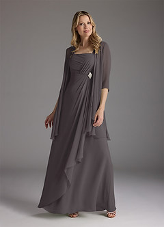Azazie Weisz Steel Grey A-Line Square Neckline Pleated Chiffon