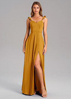 Azazie Everett Bridesmaid Dresses Butterscotch A-Line Stretch Satin Dress image3