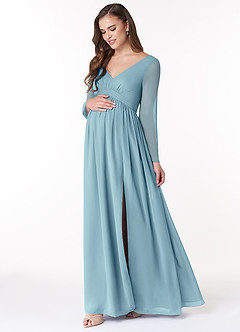 Azazie Teton Robes de demoiselle d'honneur de maternité Robe Trapèze Manche longue Longueur ras du sol Mousseline de soie image3