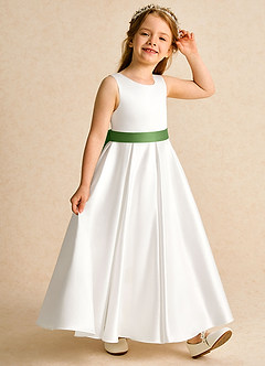 Azazie Cherry Flower Girl Dresses Ivory Basil Ball-Gown Pleated Matte Satin Dress image5