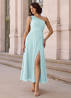 Azazie Brooke Bridesmaid Dresses Sea Glass A-Line One Shoulder Chiffon Dress image2