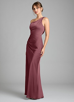 Azazie Madelyn Robes de demoiselle d'honneur Robe Sirène Convertible en Satin extensible Asymétrique Rose Du Désert image6