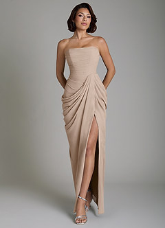 Azazie Nyra Robes de demoiselle d'honneur Robe Fourreau en Mousseline de soie Corset Taupe image1