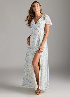 Azazie Kimber Bridesmaid Dresses Blue And White Ditsy Floral A-Line Flounce Sleeve Chiffon Dress image4