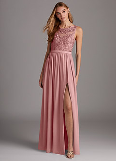 Azazie Elly Abiti da Damigella Abito A-Line in Chiffon Scollo a barchetta in pizzo Rosa Polverosa image3