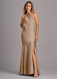 Azazie Lorena Bridesmaid Dresses Taupe Mermaid Pleated Stretch Satin Dress image1