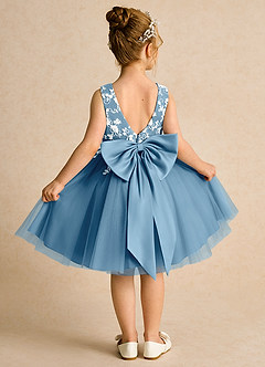 Azazie Butterfly Flower Girl Dresses Steel Blue A-Line Lace Dress image1