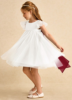 Azazie Munchkin Flower Girl Dresses Ivory Burgundy A-Line Bow Tulle Dress image5