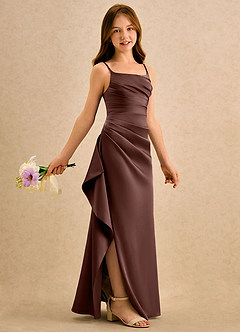 Azazie Cannoli Girls Formal Blumenmädchenkleider A-Linie Plissee Stretch-Satin Kleid Espresso image1