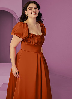 Barbie ♥ Azazie Bridesmaid Dresses Burnt Orange A-Line Ruched Stretch Satin Dress image10