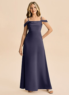 Azazie Lettie Junior A-Line Off-Shoulder Stræk satin Gulv-længde Junior brudepige Kjole image4