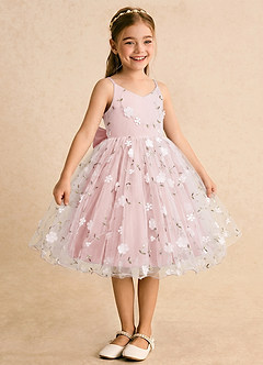Azazie Junebug Flower Girl Dresses Powder Pink Ball-Gown Spaghetti Strap Tulle Dress image5