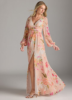Azazie Norah Bridesmaid Dresses Abstract Bouquet Floral A-Line V-Neck Long Sleeve Chiffon Dress image4