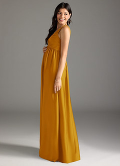 Azazie Yetta Robes de demoiselle d'honneur de maternité Robe Trapèze Plissée Longueur ras du sol Satin extensible image4
