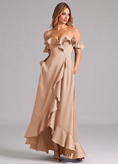Azazie Lyra Robes de demoiselle d'honneur Robe Trapèze Convertible en Satin extensible Épaule décolletée Rose Perle image3