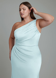 Azazie Akilah Bridesmaid Dresses Cloud Blue Mermaid One Shoulder Stretch Satin Dress image13