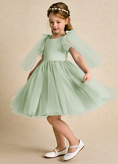 Azazie Duchess vestidos de niña de las flores Vestido de Salvia Polvorienta de Tul de Corte En A con Con mangas image6