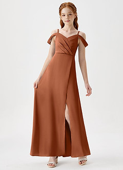Azazie Ocean Junior Copper A-Line Off the Shoulder Stretch Satin Dress image6