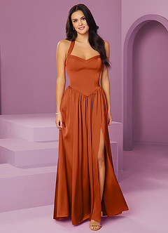 Barbie ♥ Azazie Robes de demoiselle d'honneur Robe Trapèze en Satin extensible avec poches Orange Brûlée image1