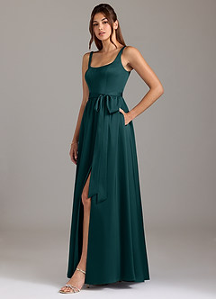 Azazie Elliott Bridesmaid Dresses Pine A-Line with Pockets Stretch Satin Dress image4