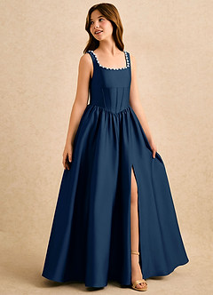 Azazie Enid Girls Formal Robe Demoiselle D'honneur Fillette Robe Trapèze en Satin extensible Perlé Bleu Marine Foncé image3