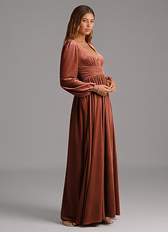 Azazie Norah Bridesmaid Dresses Terracotta A-Line Long Sleeve Velvet Dress image4