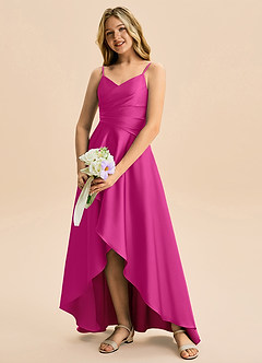 Azazie Eirlys Junior Abito A-Line in Raso Elasticizzato Plissettato Fucsia image4