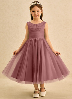 Azazie Macaron Robe Demoiselle D'honneur Fillette Robe Trapèze en Tulle Plissée Rose Du Désert image3