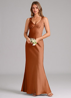 Azazie Kamila Bridesmaid Dresses Copper A-Line Pleated Stretch Satin Dress image4