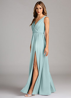 Azazie Tanicia Bridesmaid Dresses Sea Glass A-Line Pleated Stretch Satin Dress image5