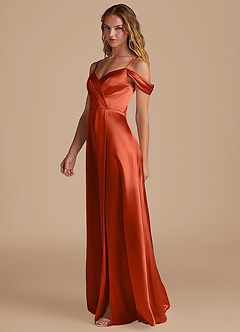 Azazie Ocean Bridesmaid Dresses Paprika A-Line Off the Shoulder Metallic Satin Dress image4