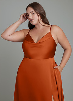 Azazie Sarella Bridesmaid Dresses Burnt Orange A-Line Pleated Stretch Satin Dress image9