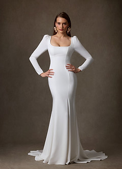 Azazie Seraphina Robes de mariée Robe Sirène en Crêpe Dos Satin Col Carré Blanc De Diamant image7