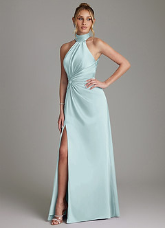 Azazie Gracelynn Bridesmaid Dresses Mist Sheath Pleated Stretch Satin Dress image6