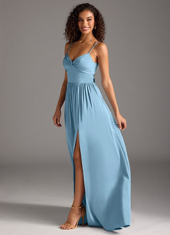 Azazie Zeya Bridesmaid Dresses Steel Blue A-Line Pleated Stretch Satin Dress image7