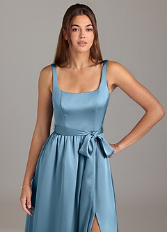 Azazie Elliott Bridesmaid Dresses Steel Blue A-Line with Pockets Stretch Satin Dress image2