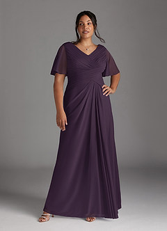 Azazie Emmeline Mother of the Bride Dresses Plum A-Line V-Neck Pleated Mesh Dress image3