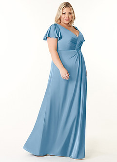 Azazie Soren Bridesmaid Dresses Powder Blue A-Line Pleated Stretch Satin Dress image10