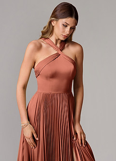 Azazie Afra Bridesmaid Dresses Clay A-Line Pleated Stretch Satin Dress image5
