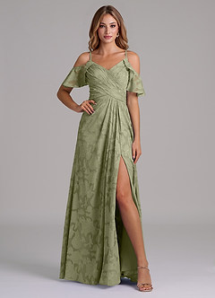 Azazie Dakota Bridesmaid Dresses Pistachio A-Line Off the Shoulder Floral Burnout Dress image1