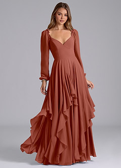 Azazie Karan Bridesmaid Dresses Auburn A-Line Long Sleeve Chiffon Dress image1