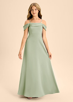 Azazie Anselie Junior Robe Trapèze en Satin extensible Épaule décolletée Vert Sauge image7