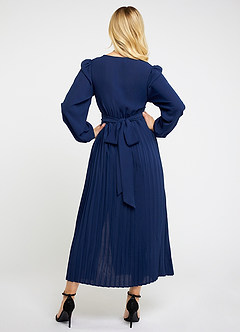 Aniak Navy Blue Long Sleeve Pleated Midi Dress image2